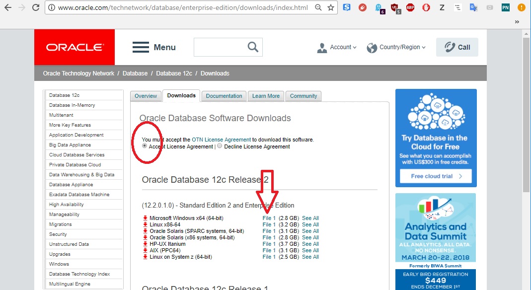 oracle database 12c download linkini göstermektedir.